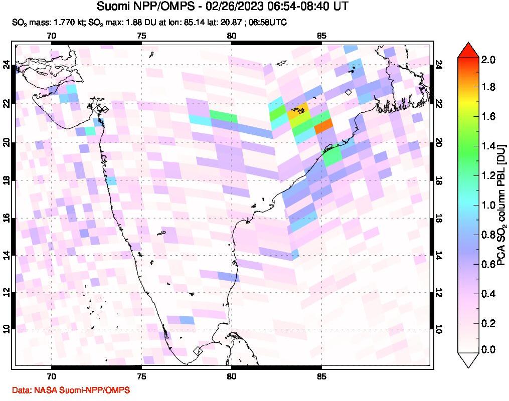 A sulfur dioxide image over India on Feb 26, 2023.
