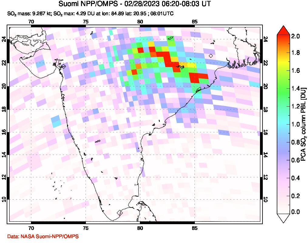 A sulfur dioxide image over India on Feb 28, 2023.
