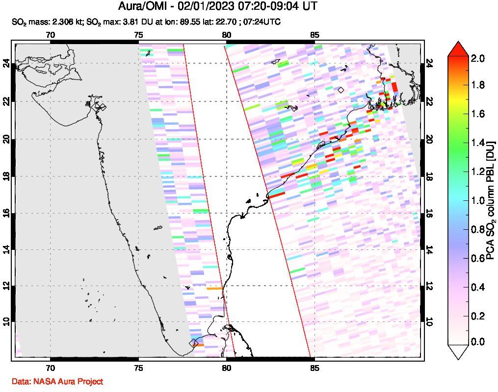 A sulfur dioxide image over India on Feb 01, 2023.