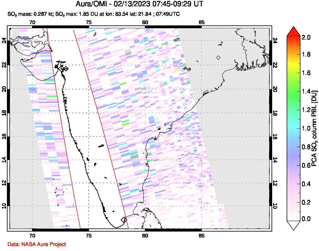 A sulfur dioxide image over India on Feb 13, 2023.