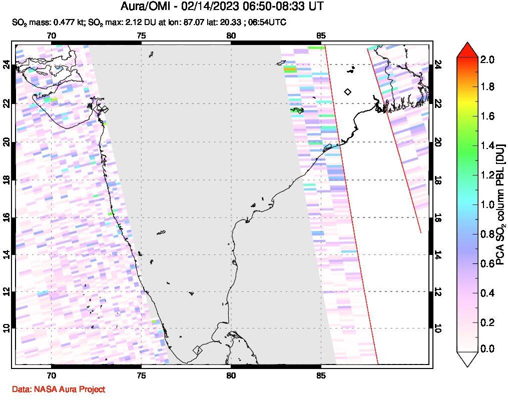 A sulfur dioxide image over India on Feb 14, 2023.