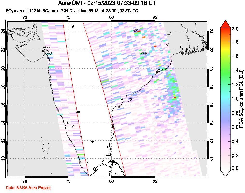 A sulfur dioxide image over India on Feb 15, 2023.