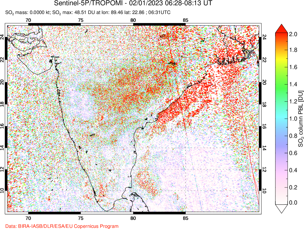 A sulfur dioxide image over India on Feb 01, 2023.