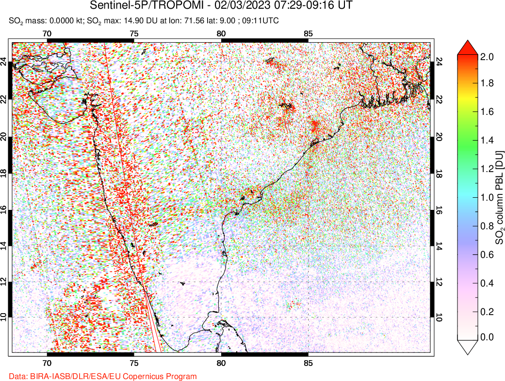A sulfur dioxide image over India on Feb 03, 2023.