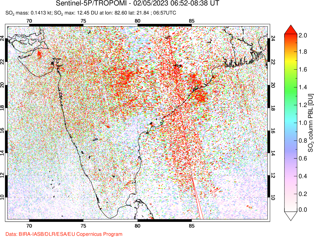 A sulfur dioxide image over India on Feb 05, 2023.