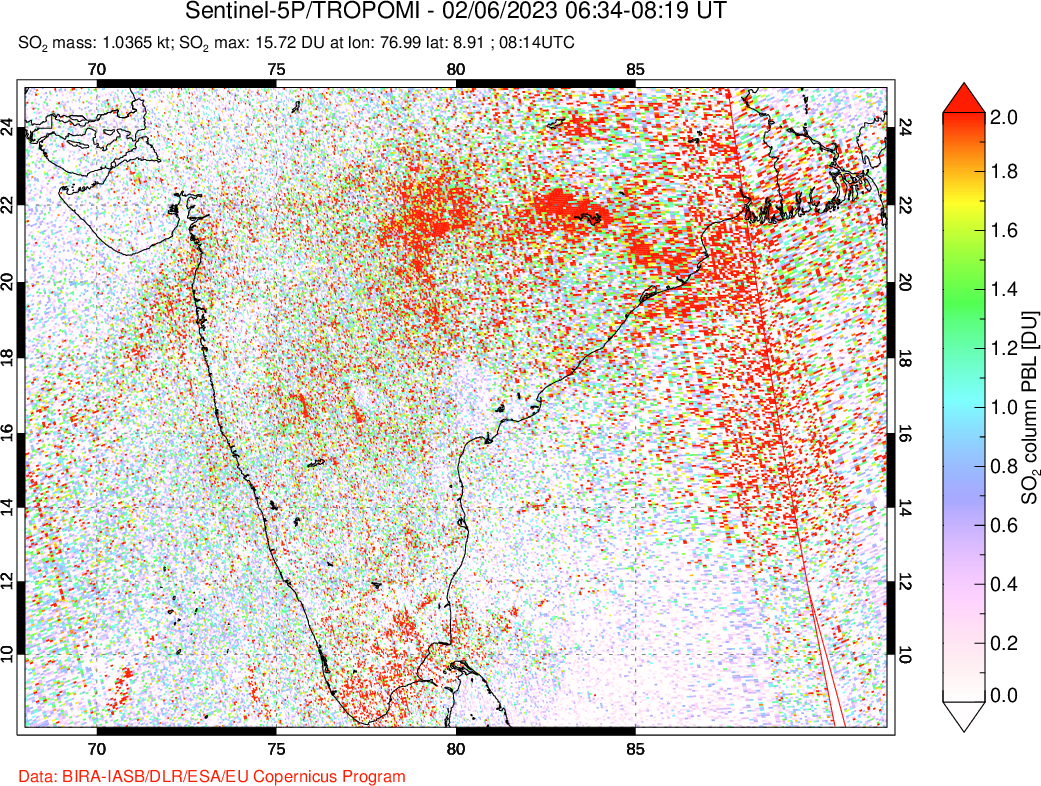 A sulfur dioxide image over India on Feb 06, 2023.