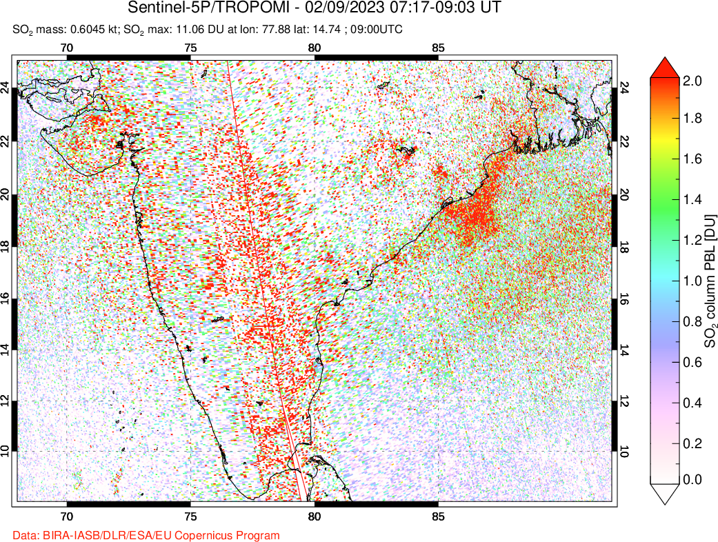 A sulfur dioxide image over India on Feb 09, 2023.