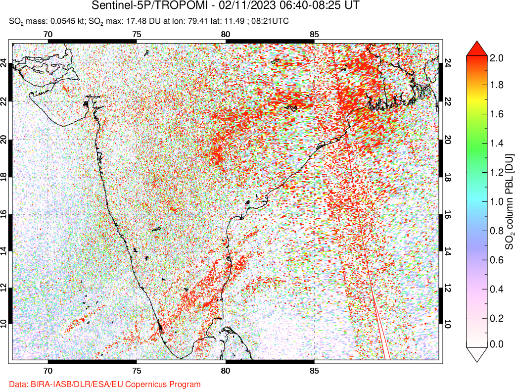 A sulfur dioxide image over India on Feb 11, 2023.