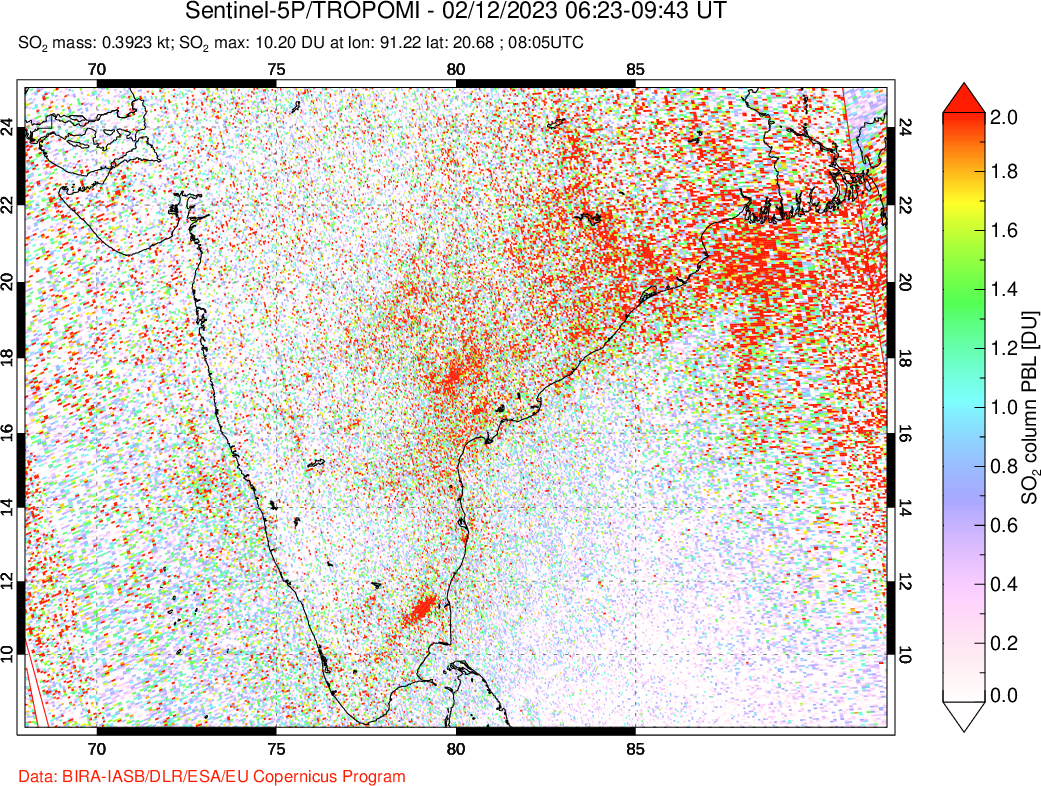 A sulfur dioxide image over India on Feb 12, 2023.