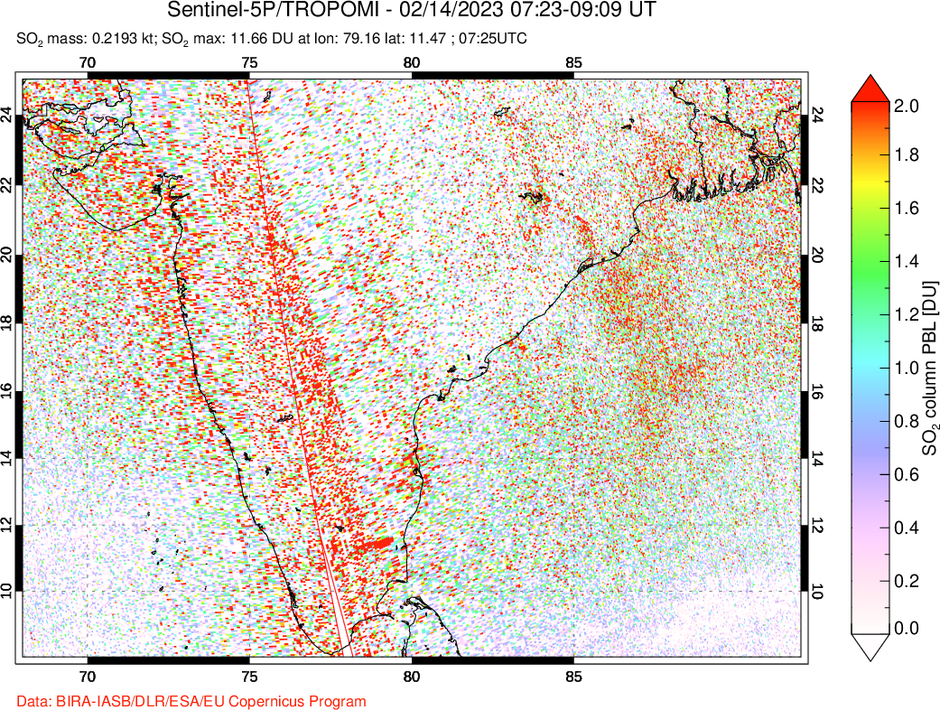 A sulfur dioxide image over India on Feb 14, 2023.