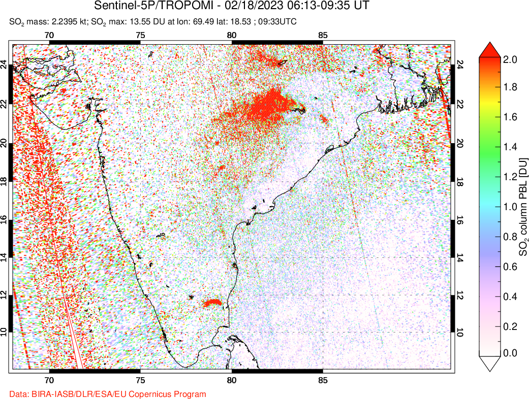 A sulfur dioxide image over India on Feb 18, 2023.