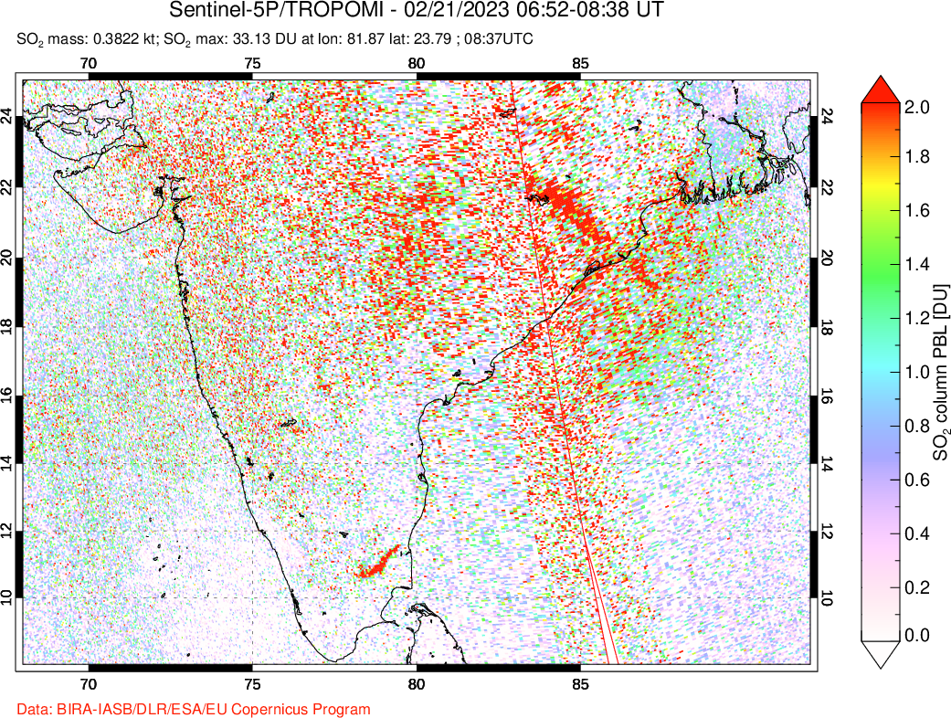 A sulfur dioxide image over India on Feb 21, 2023.