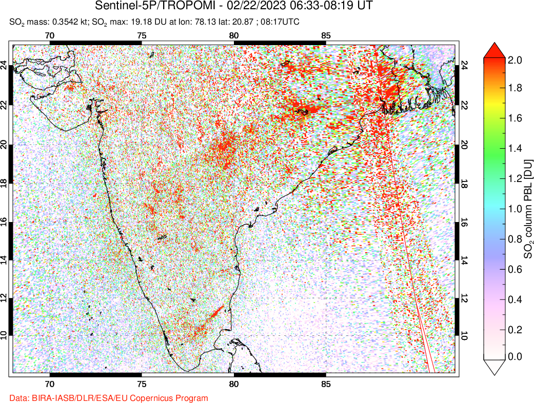 A sulfur dioxide image over India on Feb 22, 2023.