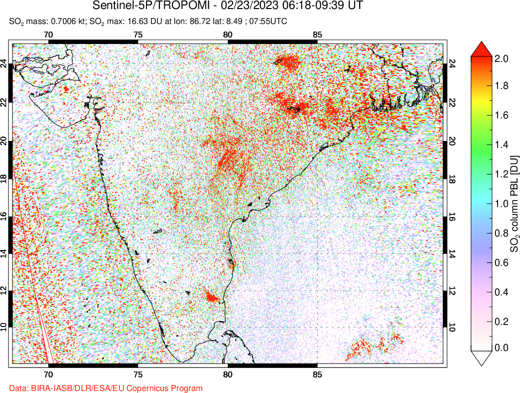 A sulfur dioxide image over India on Feb 23, 2023.