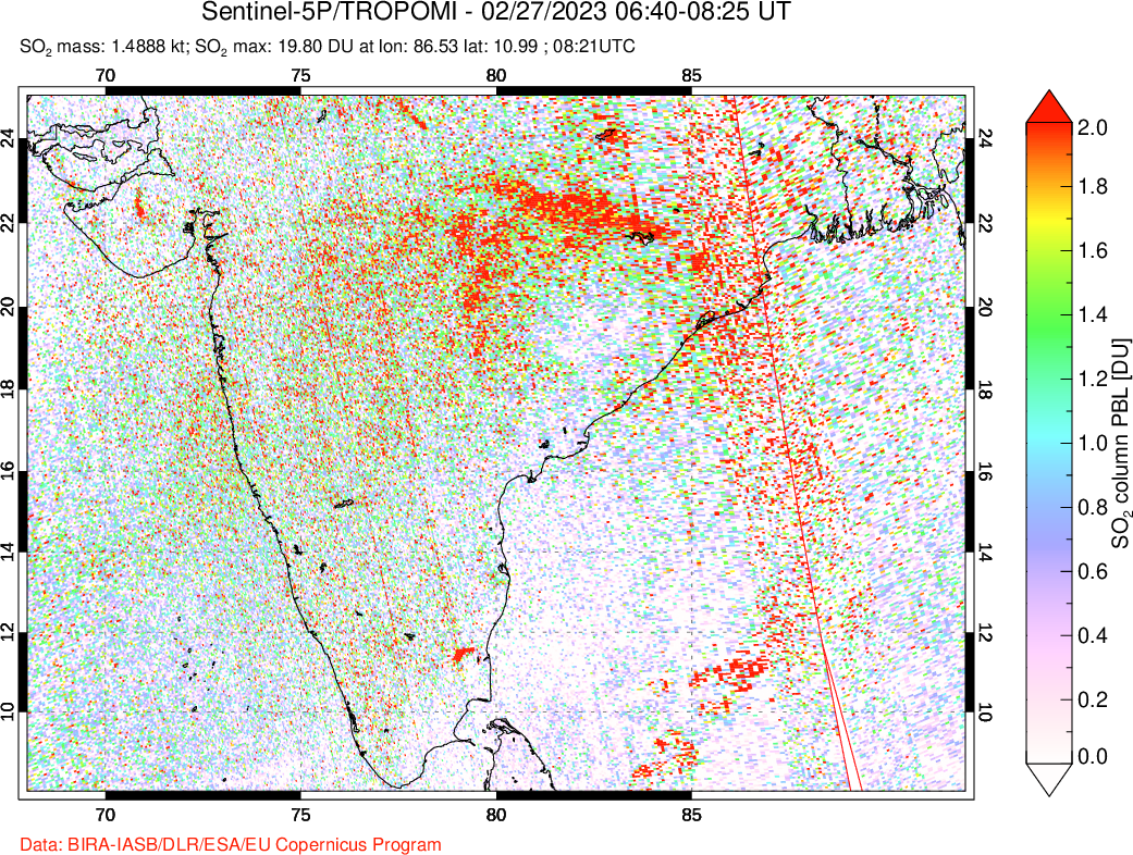 A sulfur dioxide image over India on Feb 27, 2023.