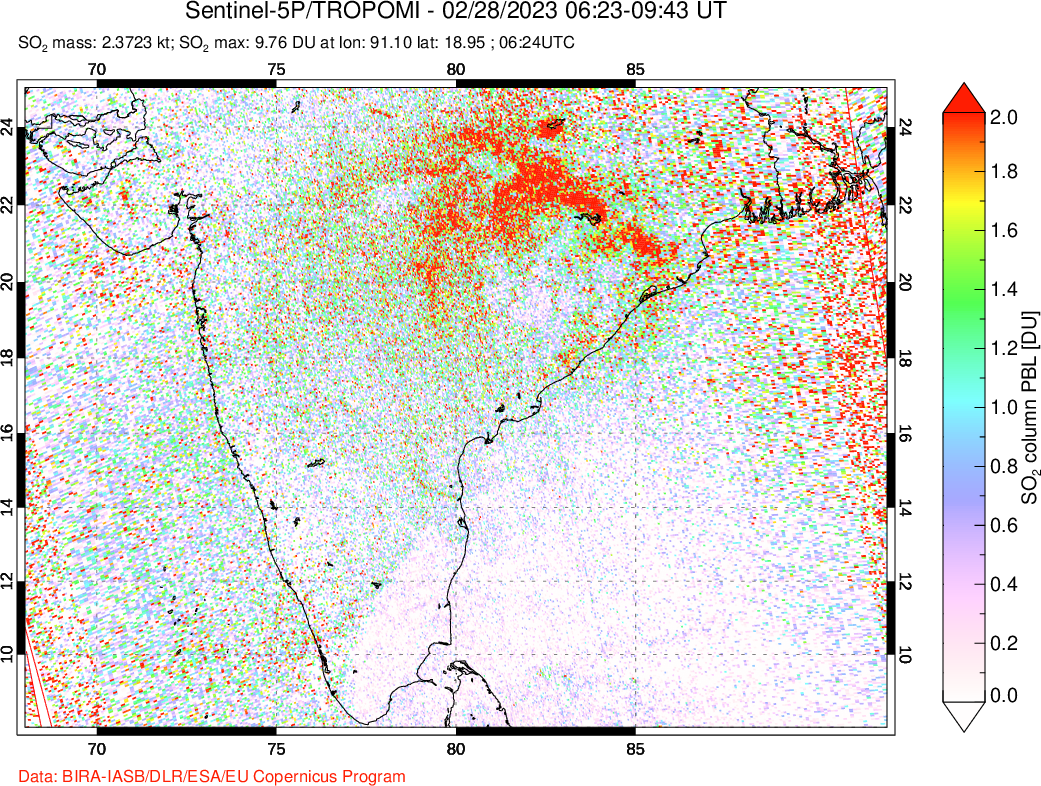 A sulfur dioxide image over India on Feb 28, 2023.
