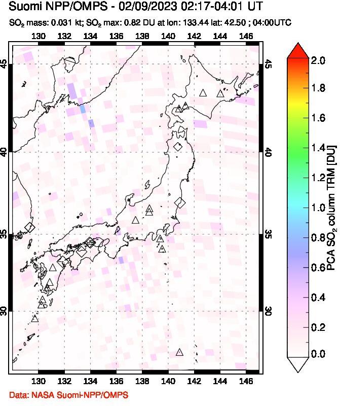 A sulfur dioxide image over Japan on Feb 09, 2023.