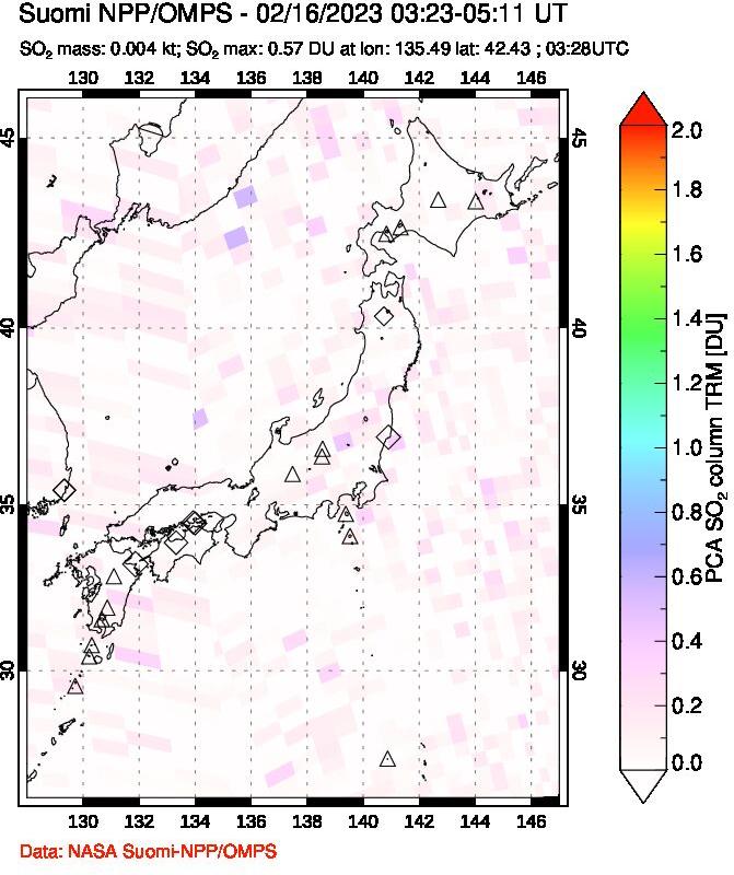 A sulfur dioxide image over Japan on Feb 16, 2023.