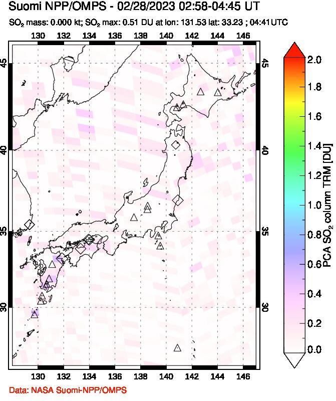 A sulfur dioxide image over Japan on Feb 28, 2023.