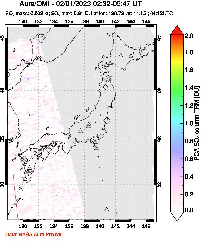 A sulfur dioxide image over Japan on Feb 01, 2023.