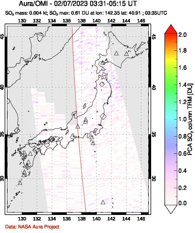 A sulfur dioxide image over Japan on Feb 07, 2023.