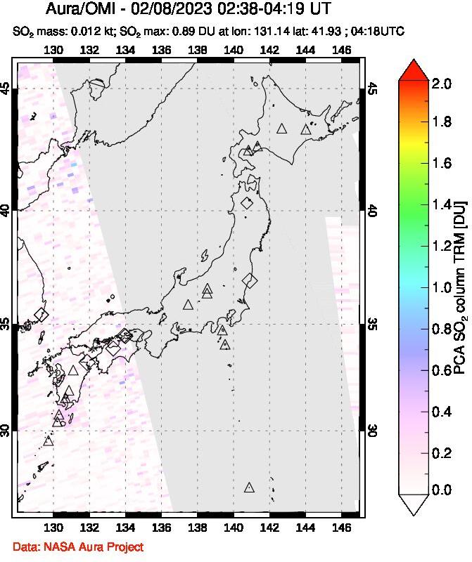 A sulfur dioxide image over Japan on Feb 08, 2023.