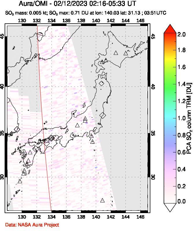 A sulfur dioxide image over Japan on Feb 12, 2023.