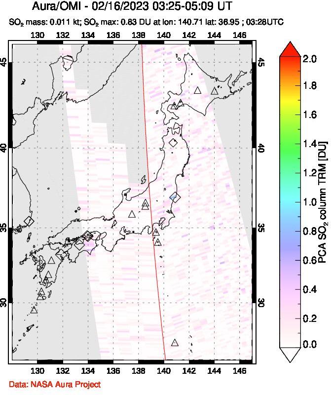 A sulfur dioxide image over Japan on Feb 16, 2023.