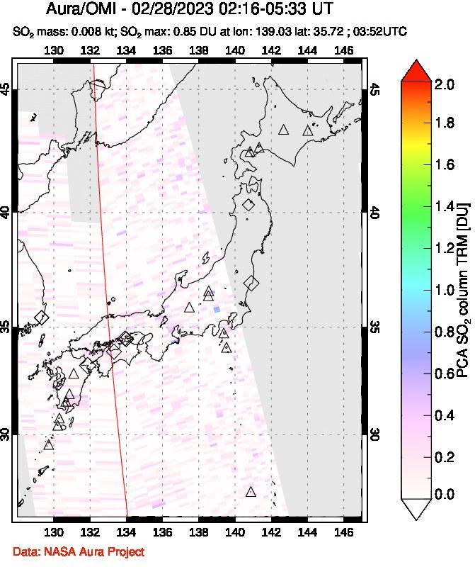 A sulfur dioxide image over Japan on Feb 28, 2023.