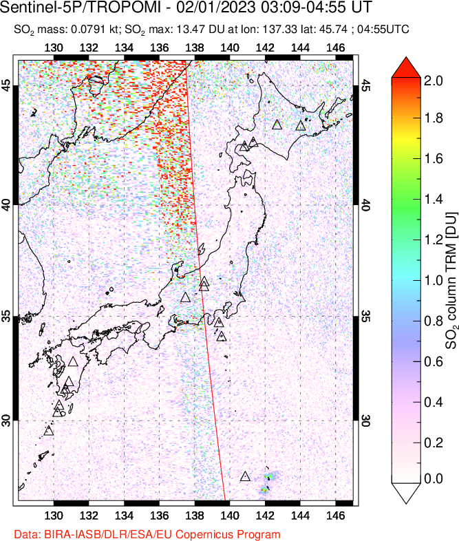 A sulfur dioxide image over Japan on Feb 01, 2023.