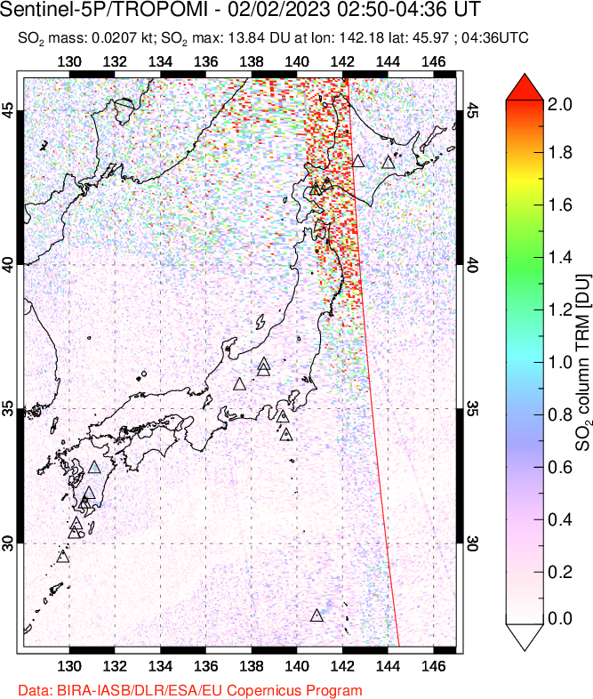 A sulfur dioxide image over Japan on Feb 02, 2023.