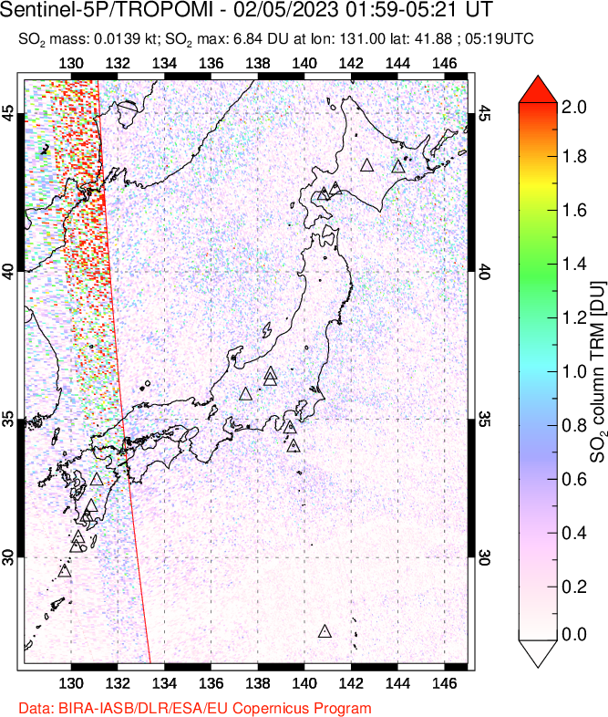 A sulfur dioxide image over Japan on Feb 05, 2023.