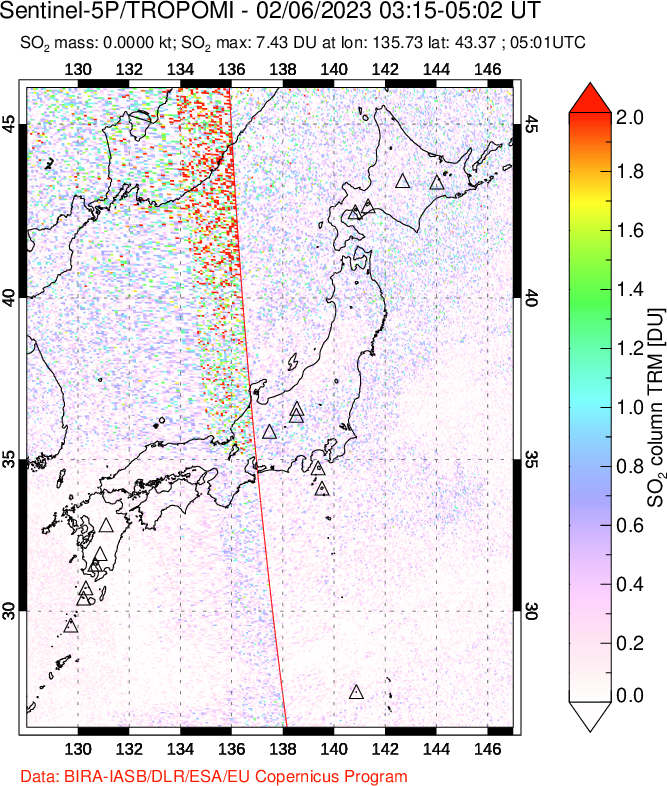 A sulfur dioxide image over Japan on Feb 06, 2023.
