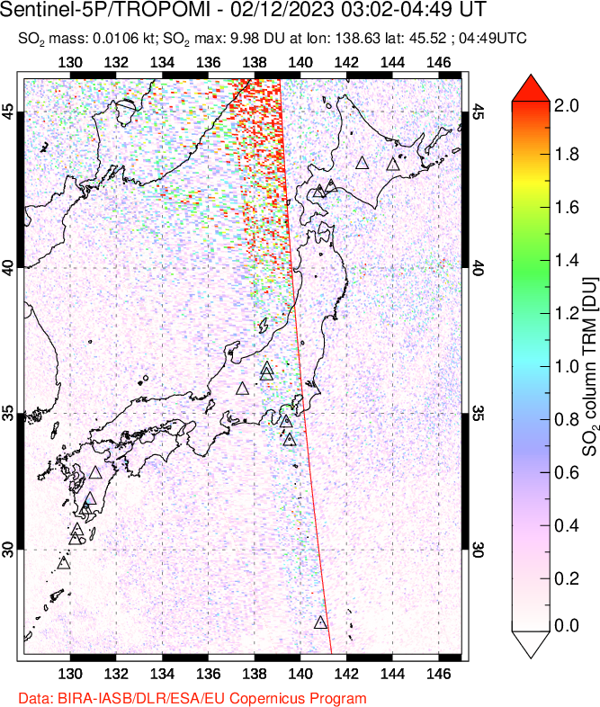 A sulfur dioxide image over Japan on Feb 12, 2023.