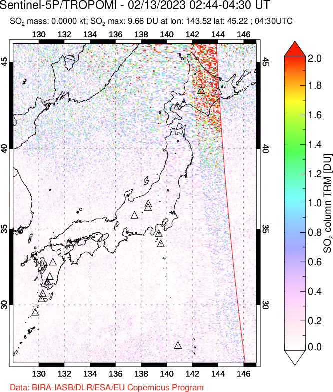 A sulfur dioxide image over Japan on Feb 13, 2023.