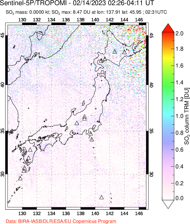 A sulfur dioxide image over Japan on Feb 14, 2023.