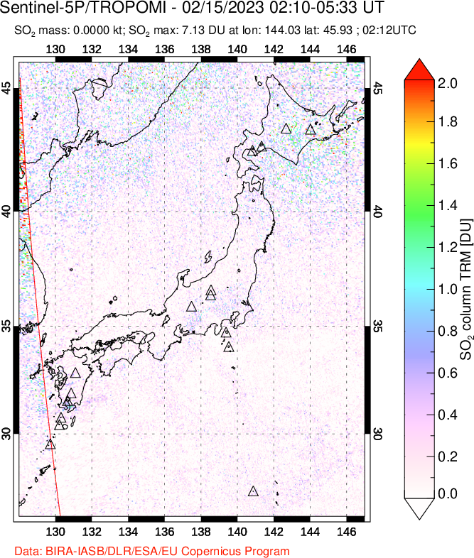 A sulfur dioxide image over Japan on Feb 15, 2023.