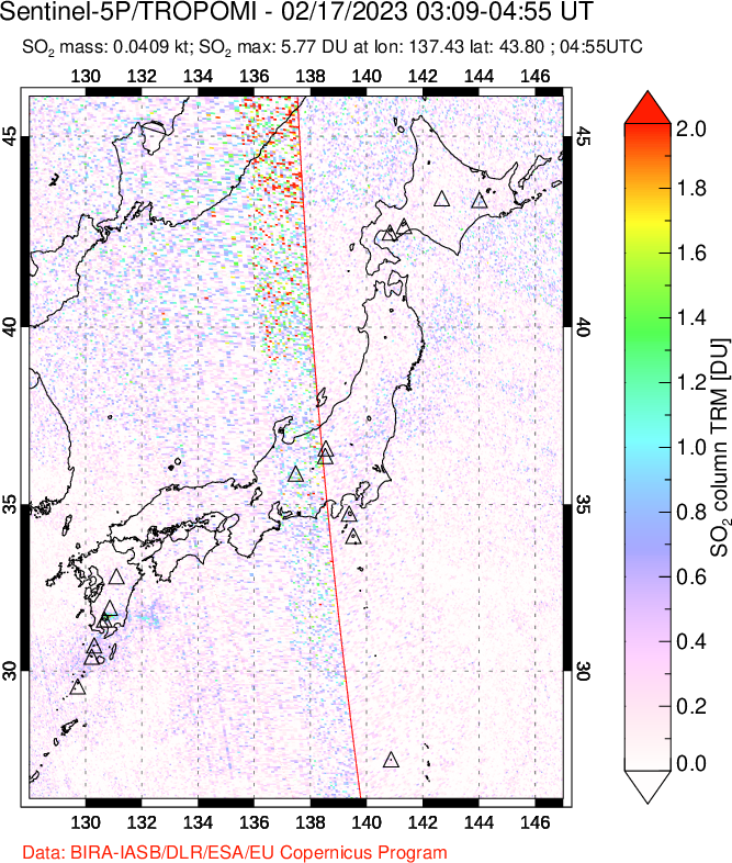 A sulfur dioxide image over Japan on Feb 17, 2023.