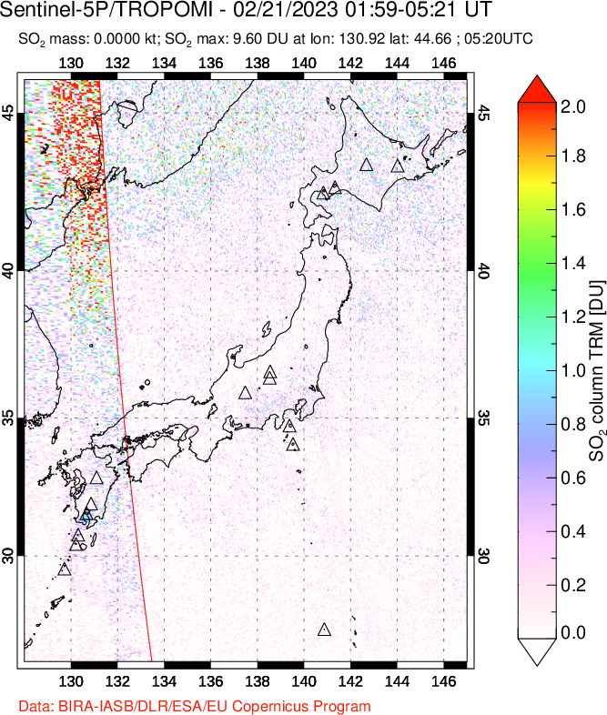 A sulfur dioxide image over Japan on Feb 21, 2023.