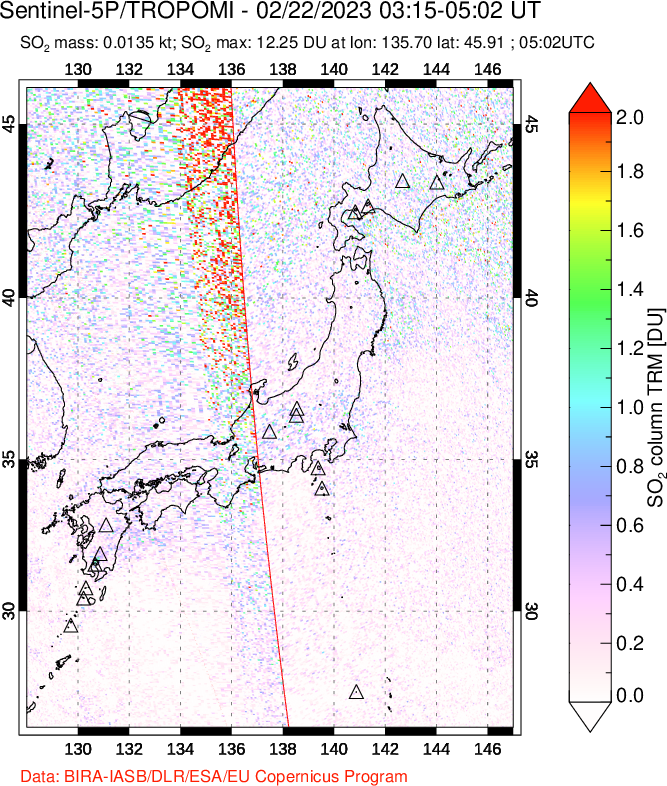 A sulfur dioxide image over Japan on Feb 22, 2023.