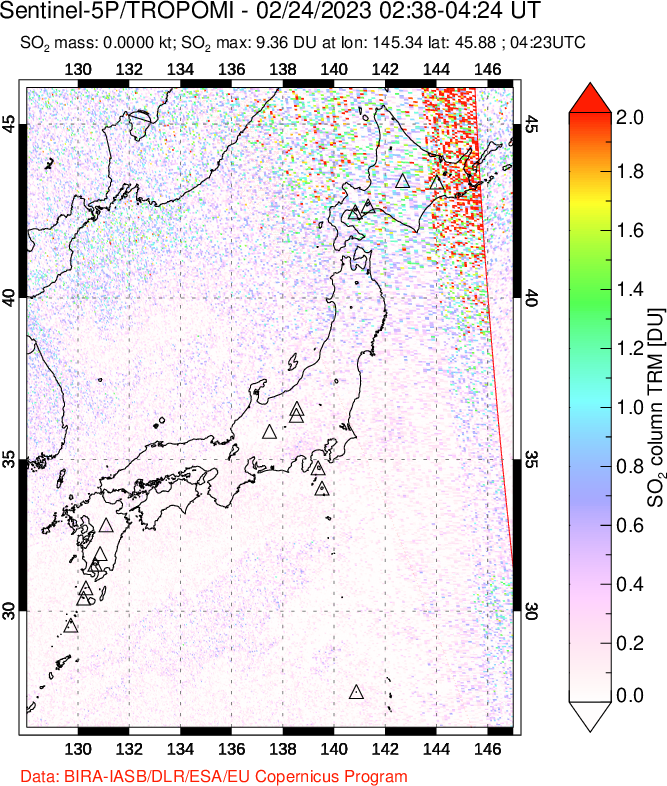 A sulfur dioxide image over Japan on Feb 24, 2023.