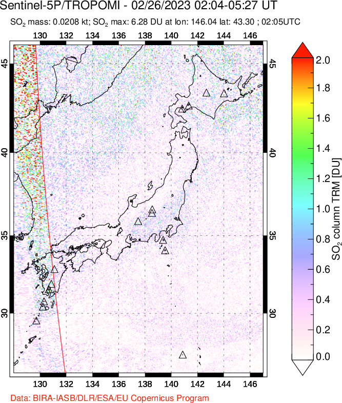 A sulfur dioxide image over Japan on Feb 26, 2023.