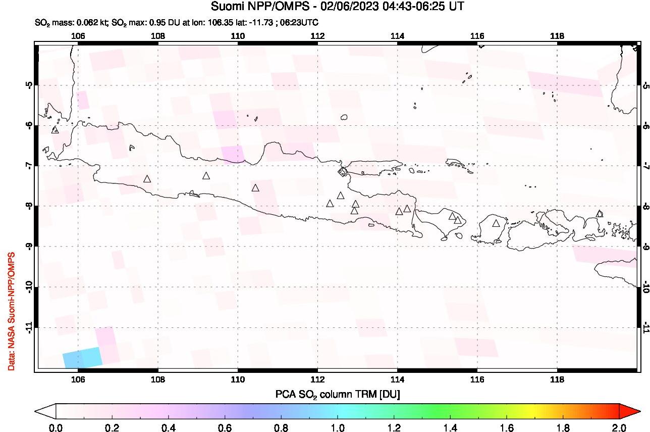 A sulfur dioxide image over Java, Indonesia on Feb 06, 2023.