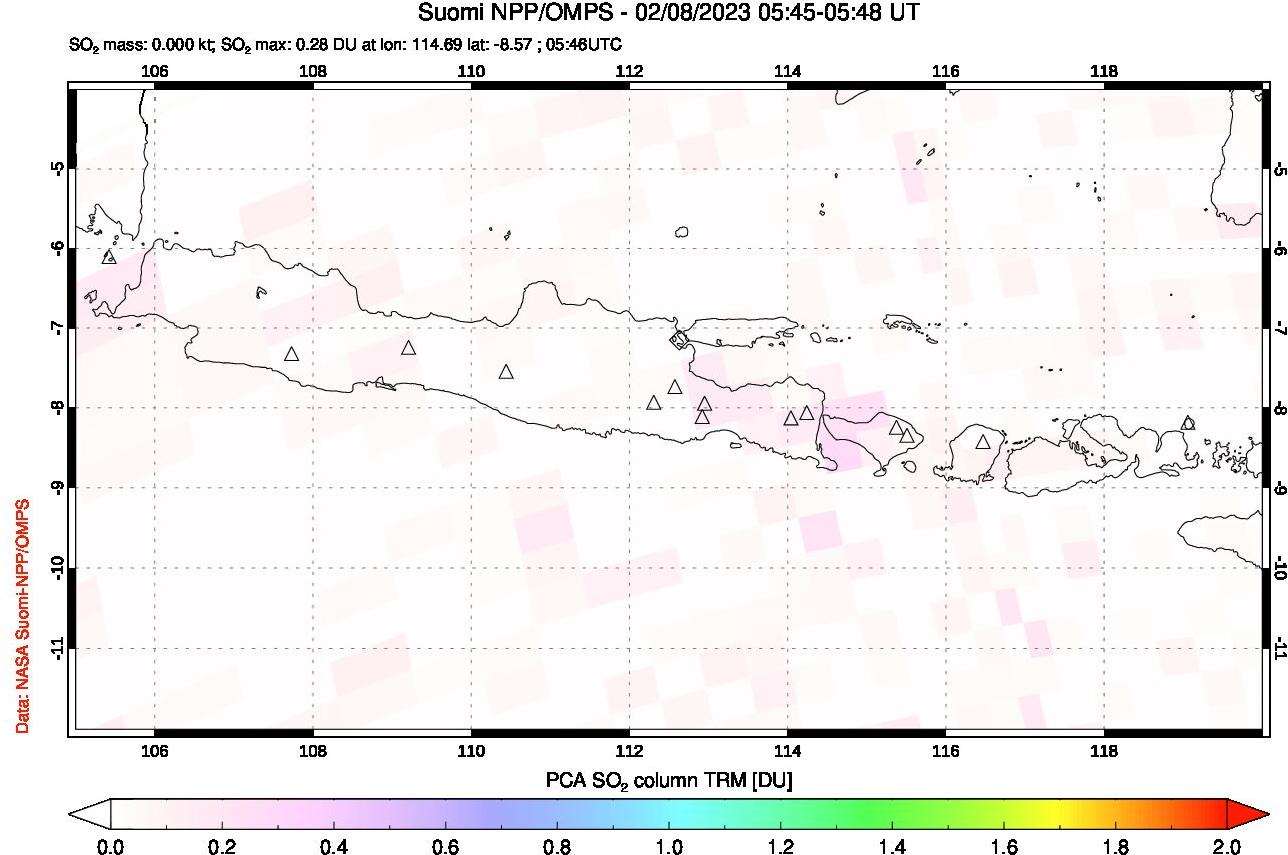 A sulfur dioxide image over Java, Indonesia on Feb 08, 2023.