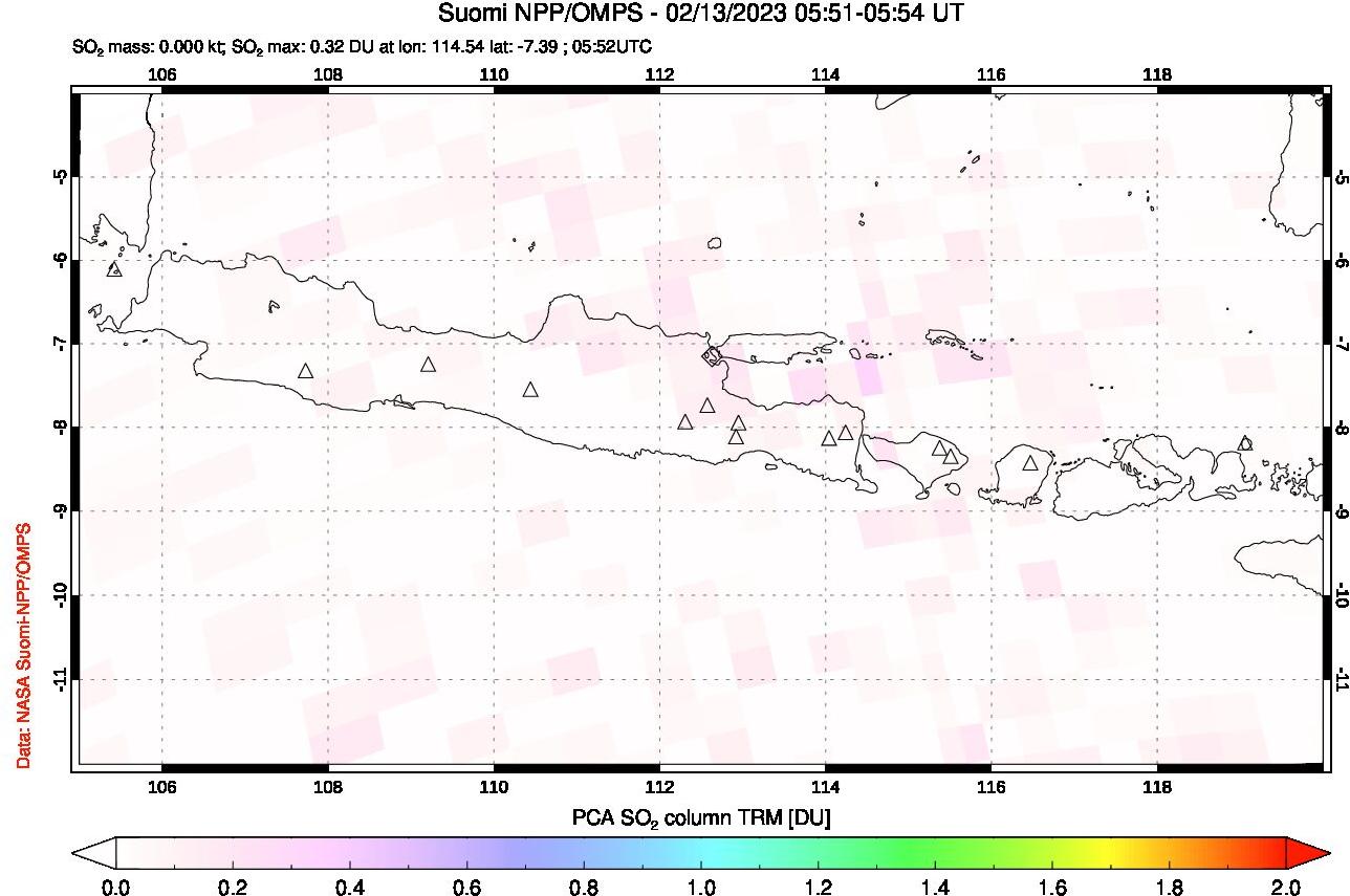 A sulfur dioxide image over Java, Indonesia on Feb 13, 2023.