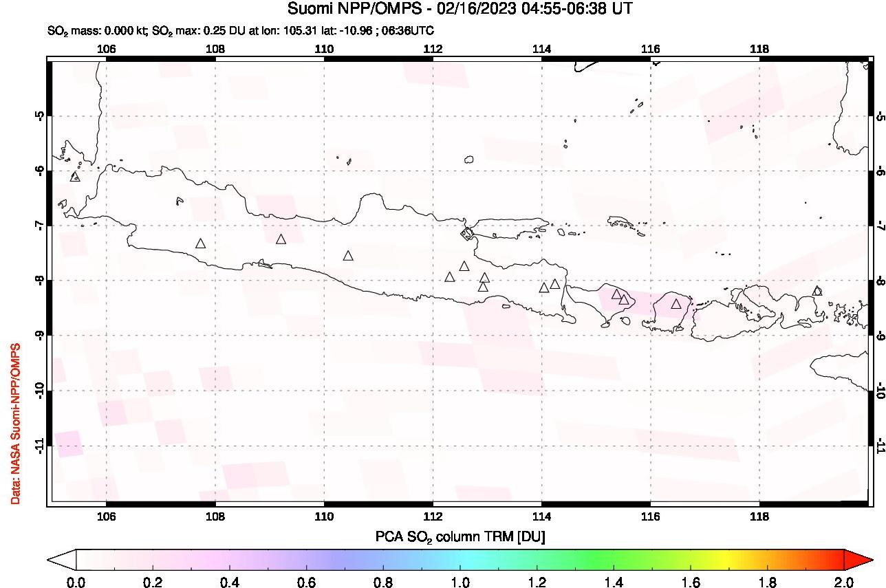 A sulfur dioxide image over Java, Indonesia on Feb 16, 2023.