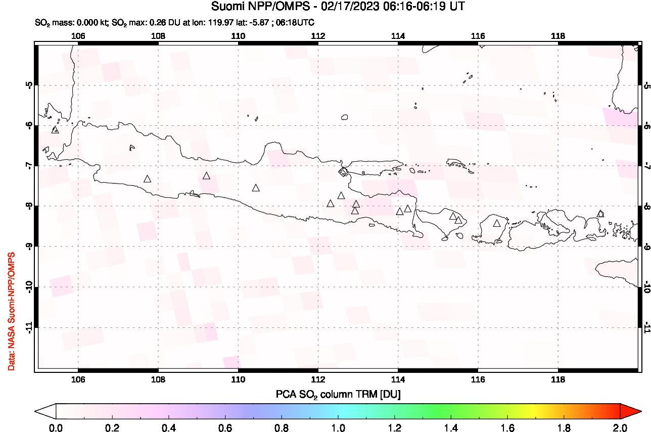 A sulfur dioxide image over Java, Indonesia on Feb 17, 2023.