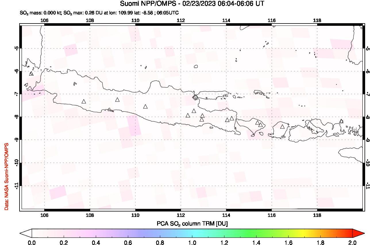 A sulfur dioxide image over Java, Indonesia on Feb 23, 2023.