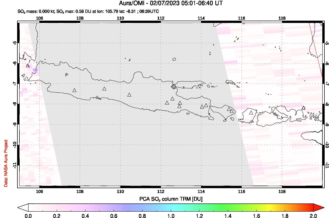 A sulfur dioxide image over Java, Indonesia on Feb 07, 2023.