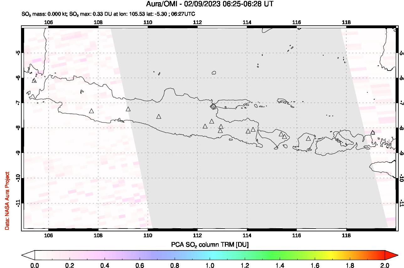 A sulfur dioxide image over Java, Indonesia on Feb 09, 2023.